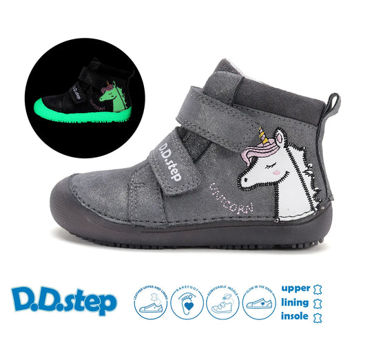 D.D.step Kinder Barfuß Herbst Fluoreszierend Mädchen Lederschuhe Dunkelgrau