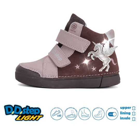 D.D.step Kinder Herbst LED blinkend Mädchen Lederschuhe Schokobraun