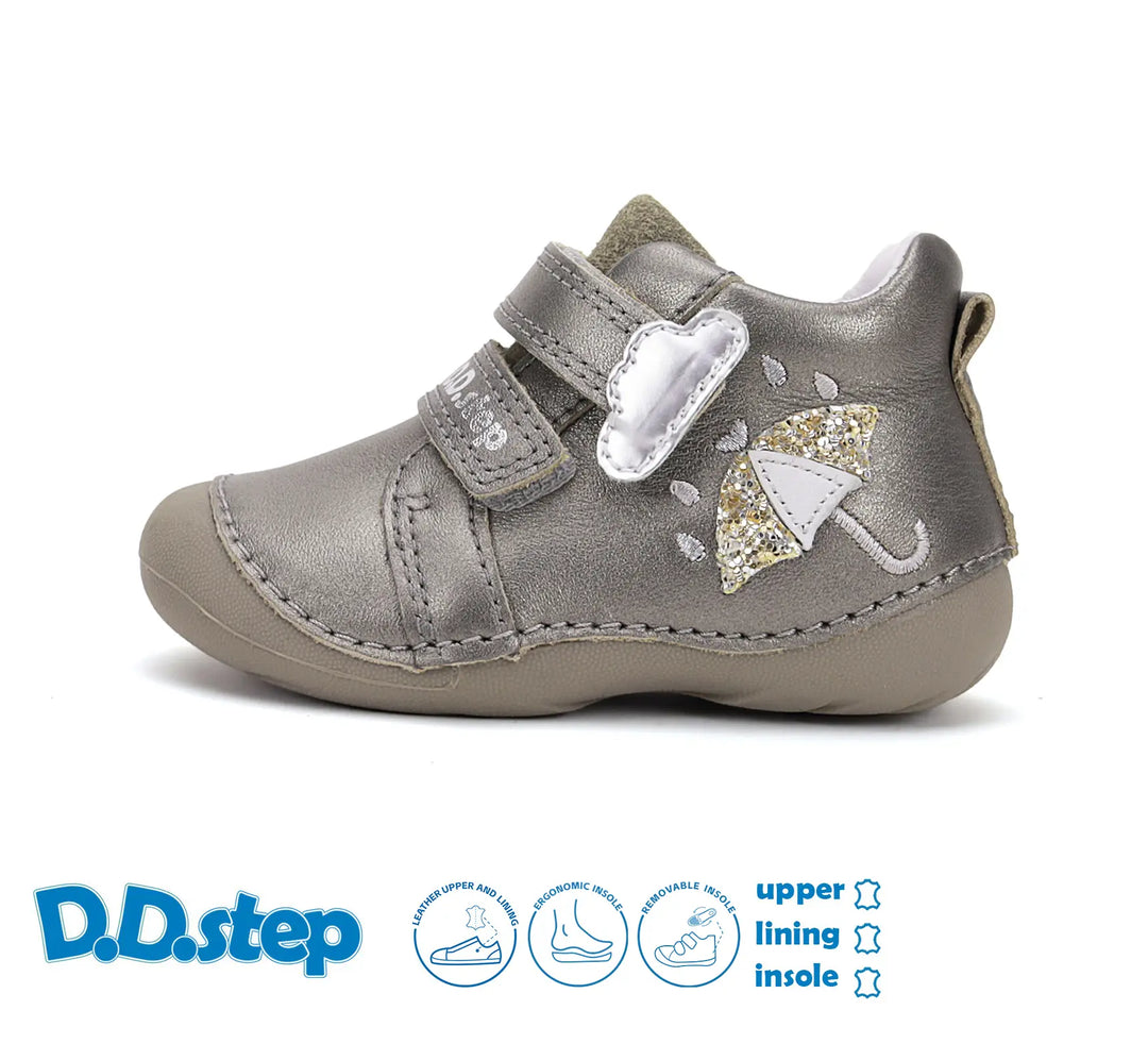 D.D.step Kinder Erster Schritt Frühling Mädchen Lederschuhe Silber
