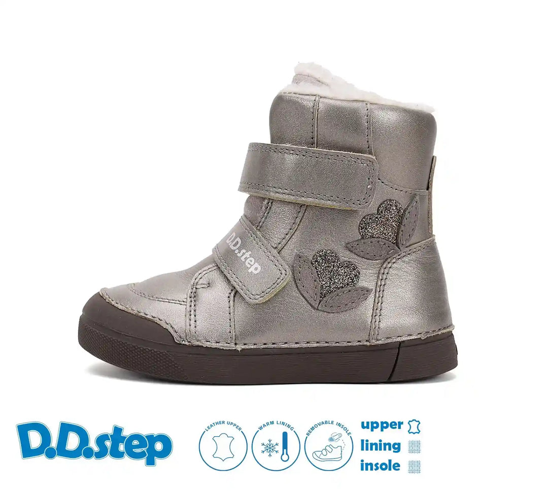 D.D.step Kinder Winterstiefel Mädchen Lederschuhe Silberbeige