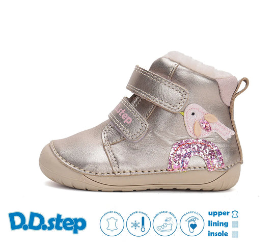 Kinder Barfuß Winterstiefel Mädchen Lederschuhe Silberbeige D.D.step ddstep